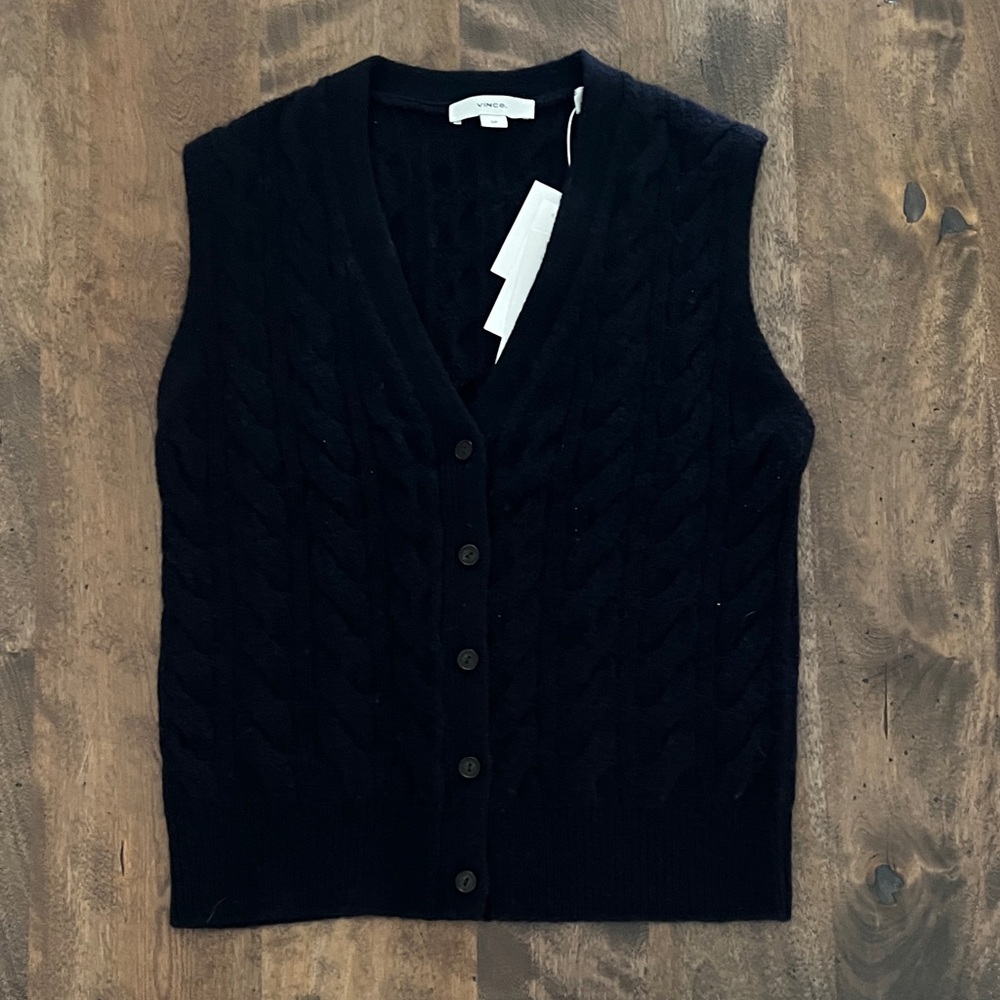 Vince Black Cable Knit Cashmere Blend Cardigan Vest